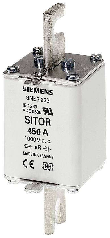 Čtvercová pojistková vložka značky Siemens, model Sitor 3NE3 233, 450 A, 1000 V AC, před bílým pozadím.
