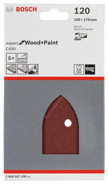 Brusný papír Bosch, zrnitost 120, rozměr 100 x 170 mm. Vhodný pro dřevo a barvu, kompatibilní s Bosch, Black & Decker. 5 kusů.