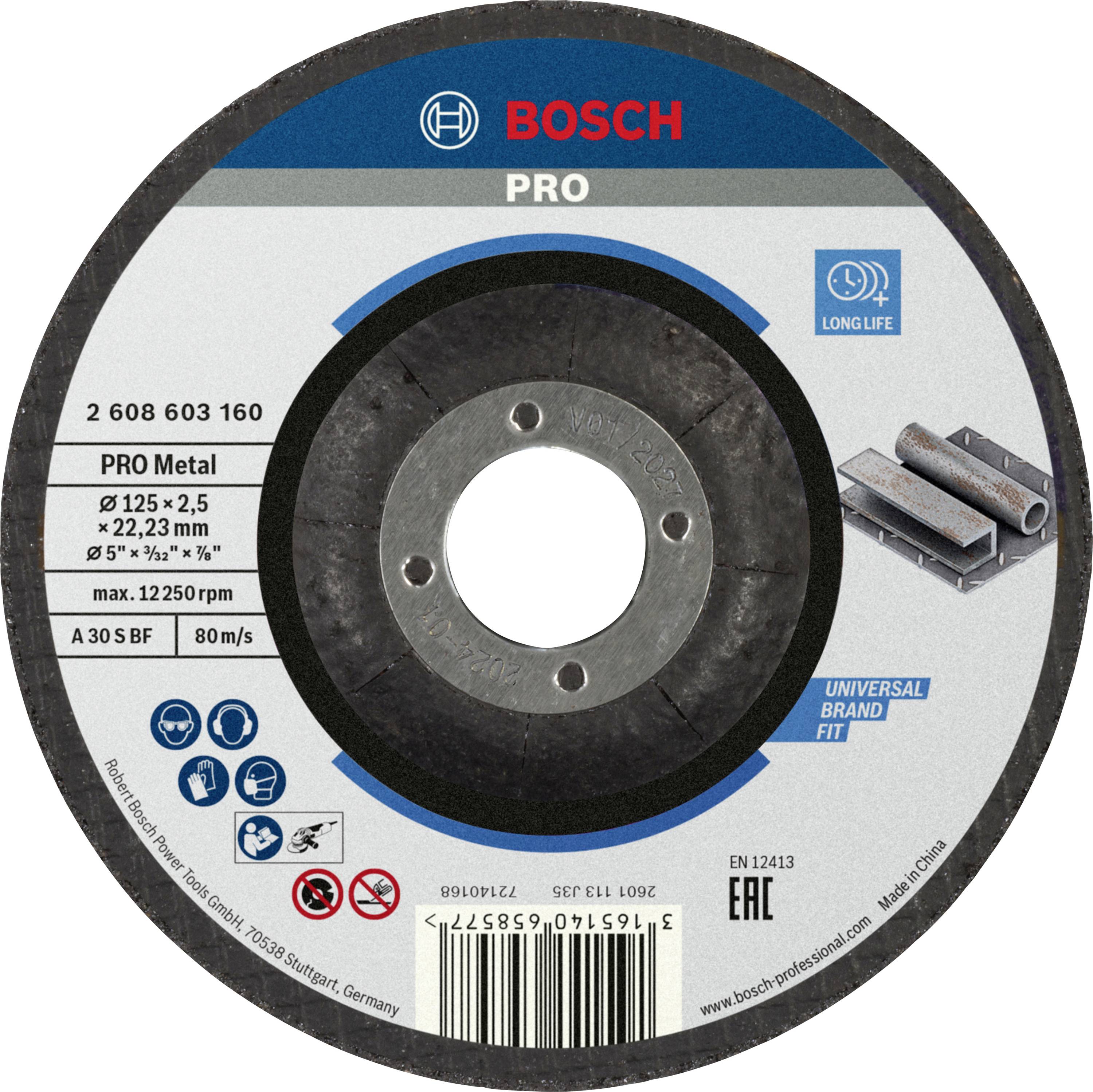 Brusný kotouč značky Bosch PRO, vhodný pro opracování kovu, průměr 125 mm, tloušťka 2,5 mm. Mimořádně trvanlivý.