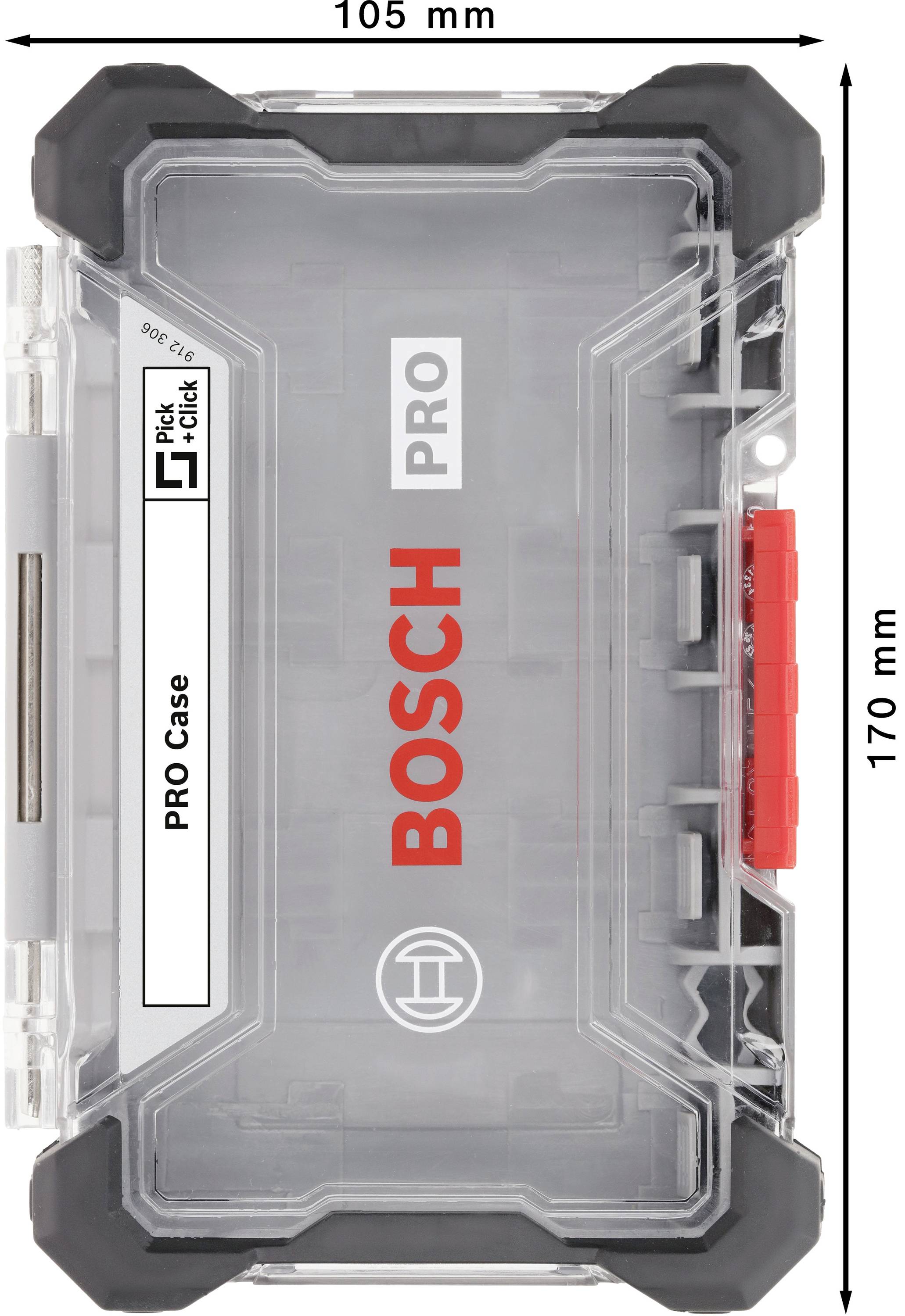 Průhledná plastová krabička Bosch PRO, 105 mm x 170 mm, s červeným uzávěrem a štítkem 'Pick and click'.