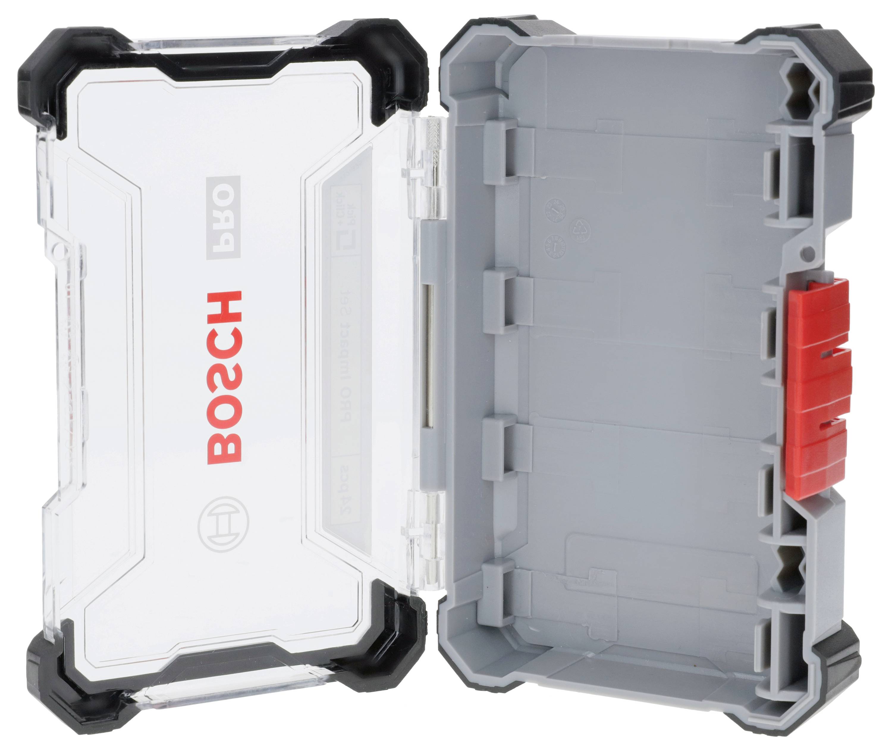 Otevřená šedá plastová krabice, uvnitř prázdná, s průhledným víkem s červeným logem 'Bosch'.