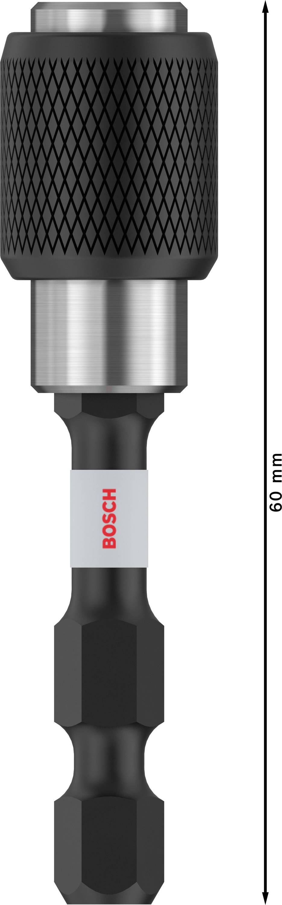 Zobrazen je černý držák šroubovacích bitů Bosch, dlouhý 60 mm, s protiskluzovým povrchem a stříbrným prvkem uprostřed.
