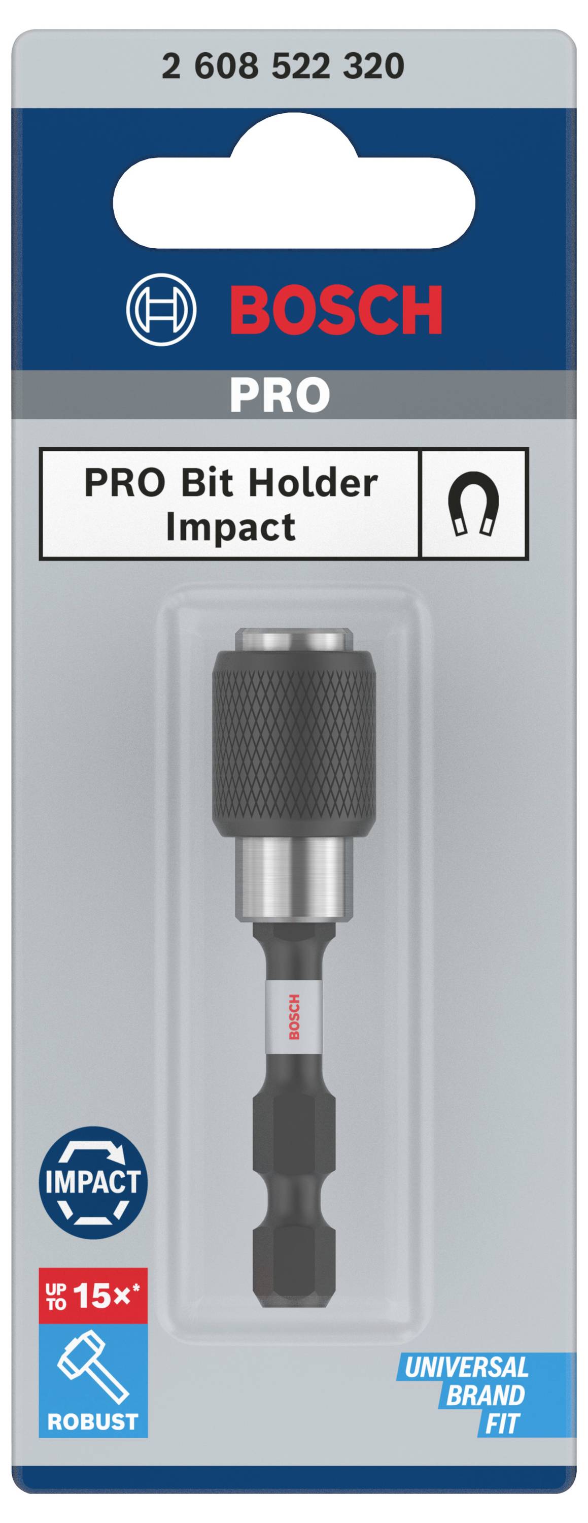 'Bosch PRO Bit Holder Impact', nástavec na nářadí v balení, vhodný pro náročné použití. Univerzálně kompatibilní podle balení.