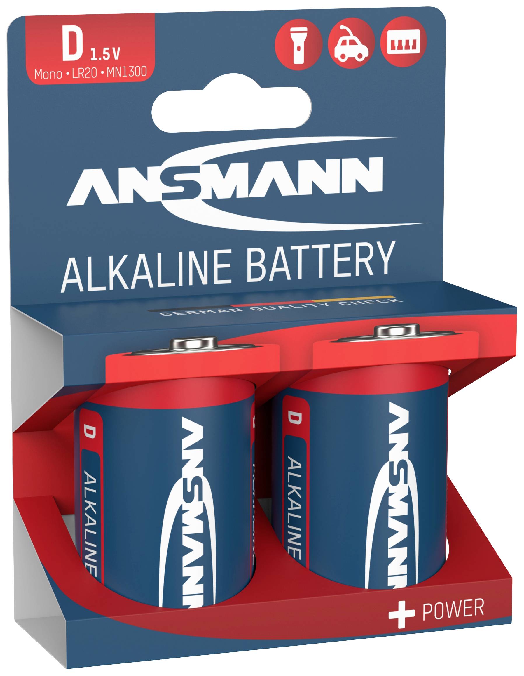 Ansmann alkalické baterie, typ D, 1,5V, balení po dvou. Obal zobrazuje symboly pro svítilny, hračky a rádio.