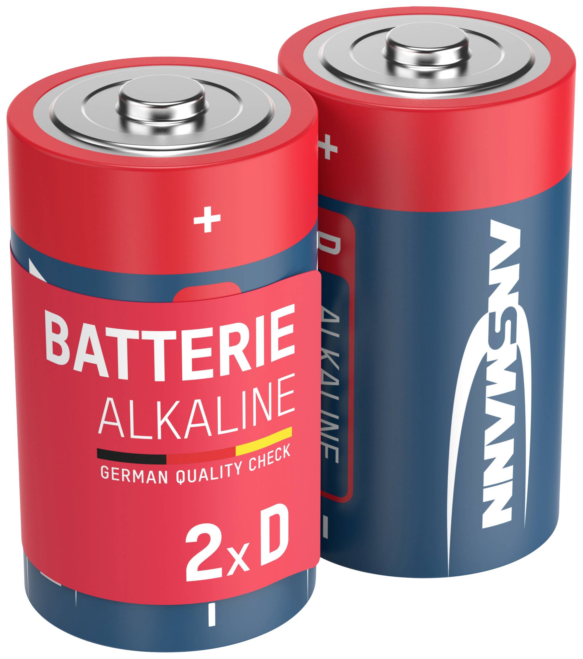 Dvě alkalické baterie velikosti D s nápisem 'Alkalická baterie, Německá kontrola kvality 2×D'.