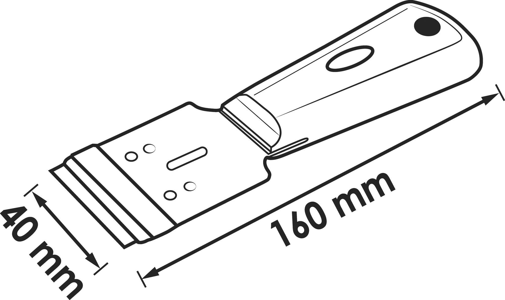 Obrázek škrabky s rozměry: šířka 40 mm, délka 160 mm. Rukojeť je ergonomicky tvarovaná, s čepelí vpředu.