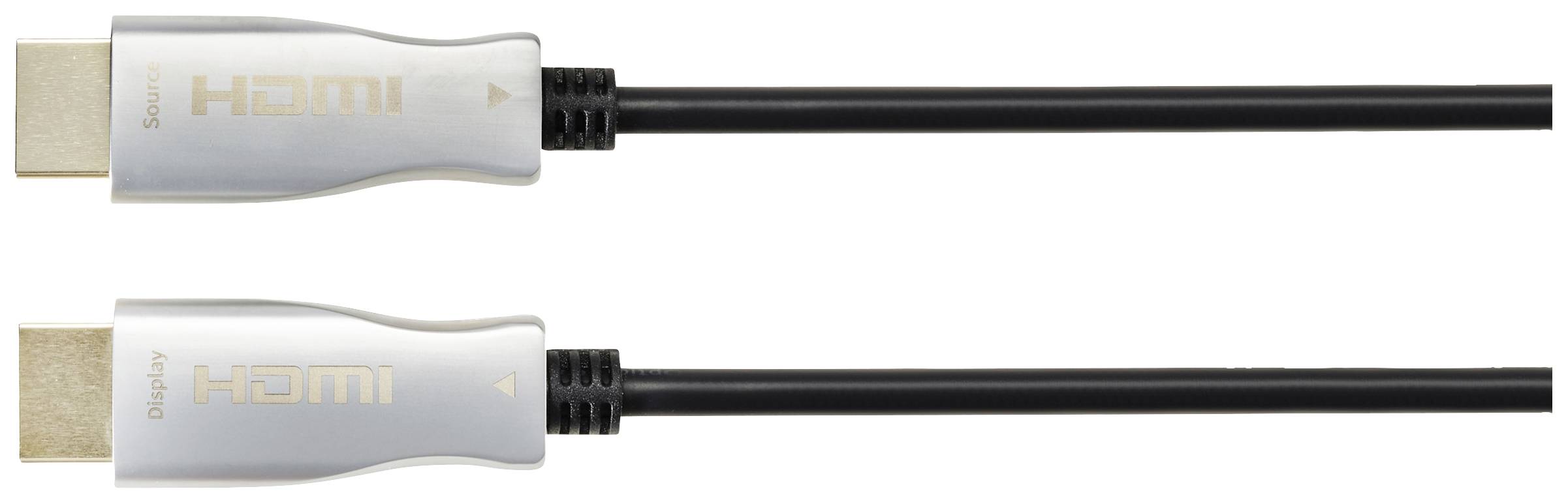 Dva HDMI kabely s černými vodiči a stříbrnými konektory zobrazují nápisy 'Display' a 'HDMI'.