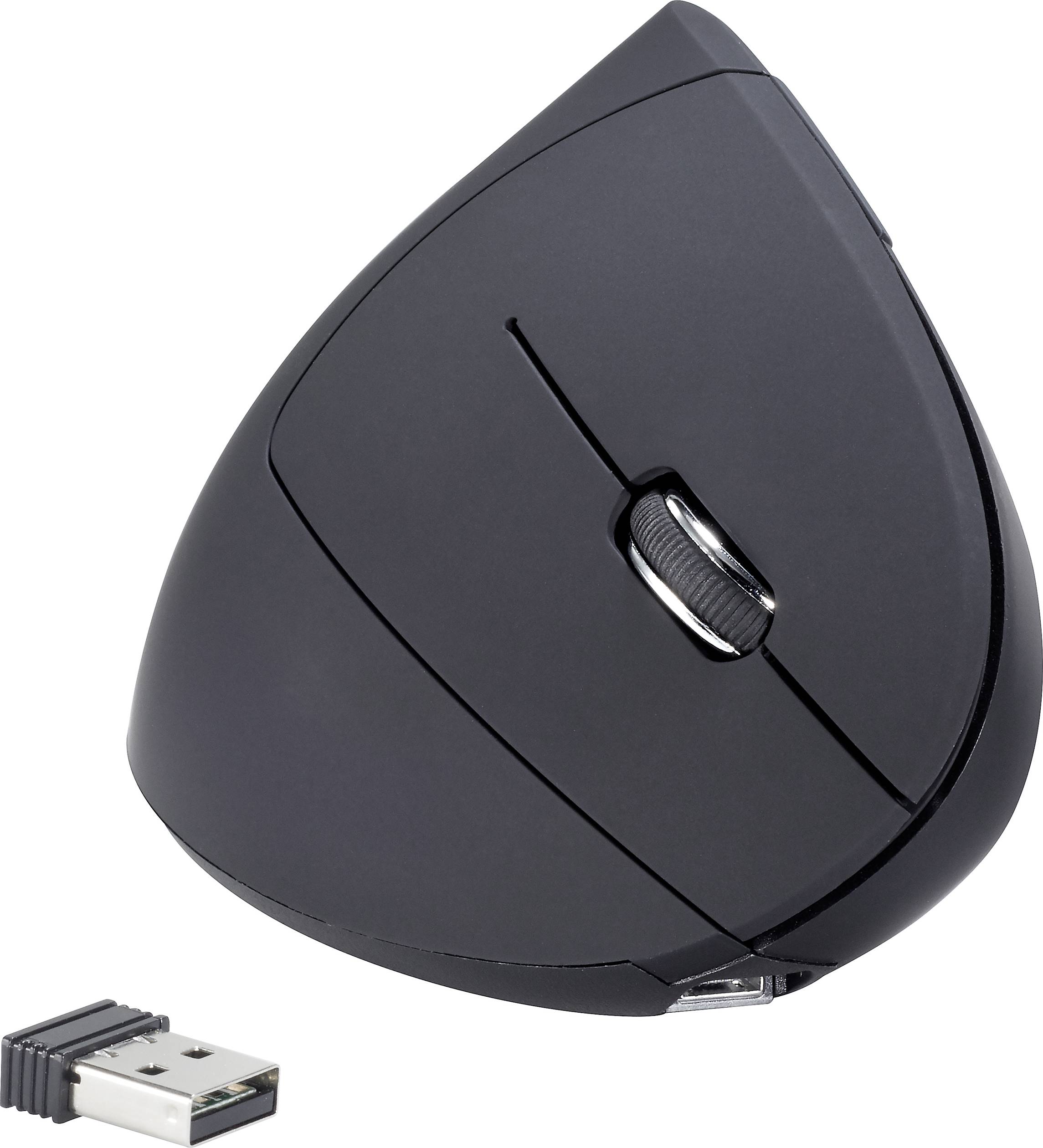 Černá ergonomická vertikální myš s USB přijímačem. Navržena pro pohodlné držení ruky a snížení namáhání zápěstí.
