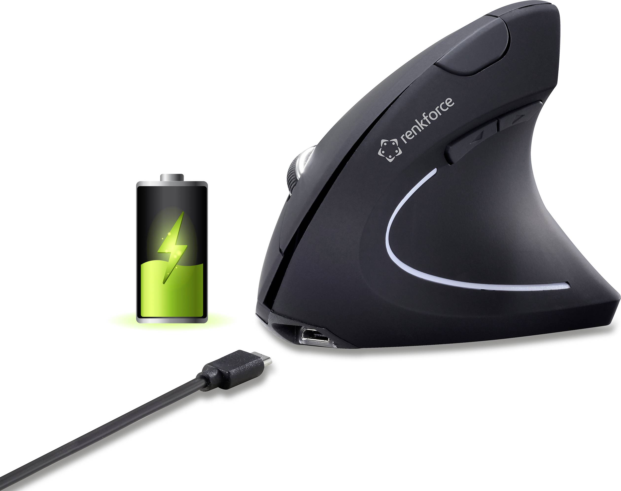 Vertikální ergonomická myš s USB připojením. Zelený symbol baterie signalizuje plné nabití. Název značky 'renkforce' je umístěn na myši.