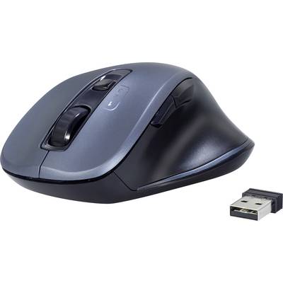 Bezdrátová černá počítačová myš s ergonomickým designem, vedle malého USB přijímače. Ideální pro přesnou práci na počítači.
