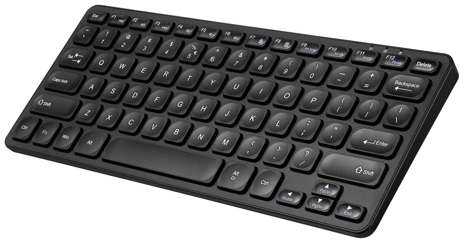 Bezdrátová černá klávesnice s rozložením QWERTY, vhodná pro počítače a mobilní zařízení. Má kompaktní klávesy a štíhlý design.