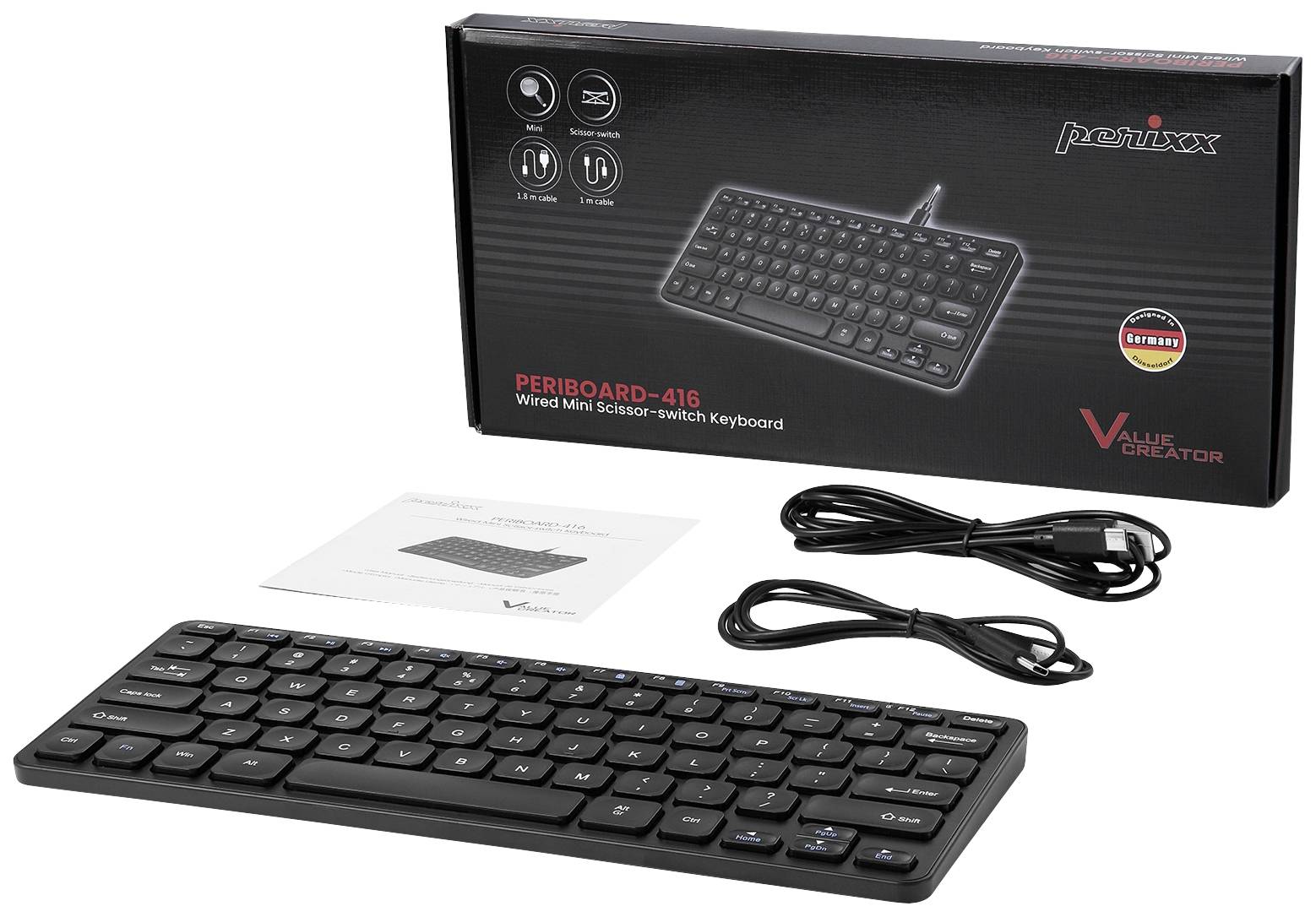 Na obrázku je kabelová miniaturní klávesnice, model 'Periboard-416', včetně obalu, USB kabelu a návodu k použití.