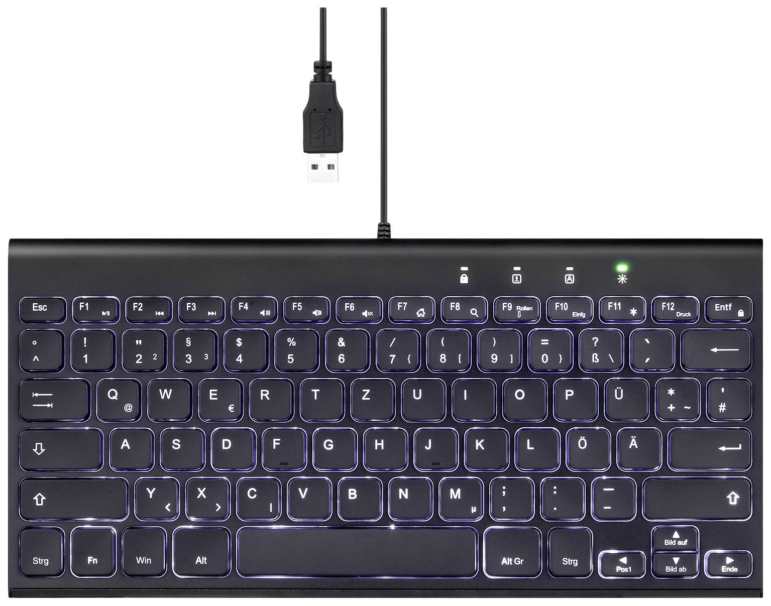 Černá podsvícená klávesnice s rozložením QWERTZ a USB připojovacím kabelem. Obsahuje numerické a funkční klávesy nahoře.