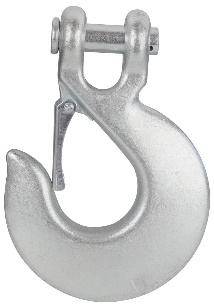 Stříbrný bezpečnostní háček z kovu s uzavíracím mechanismem, typicky používaný v upevňovacích popruzích nebo řetězech.