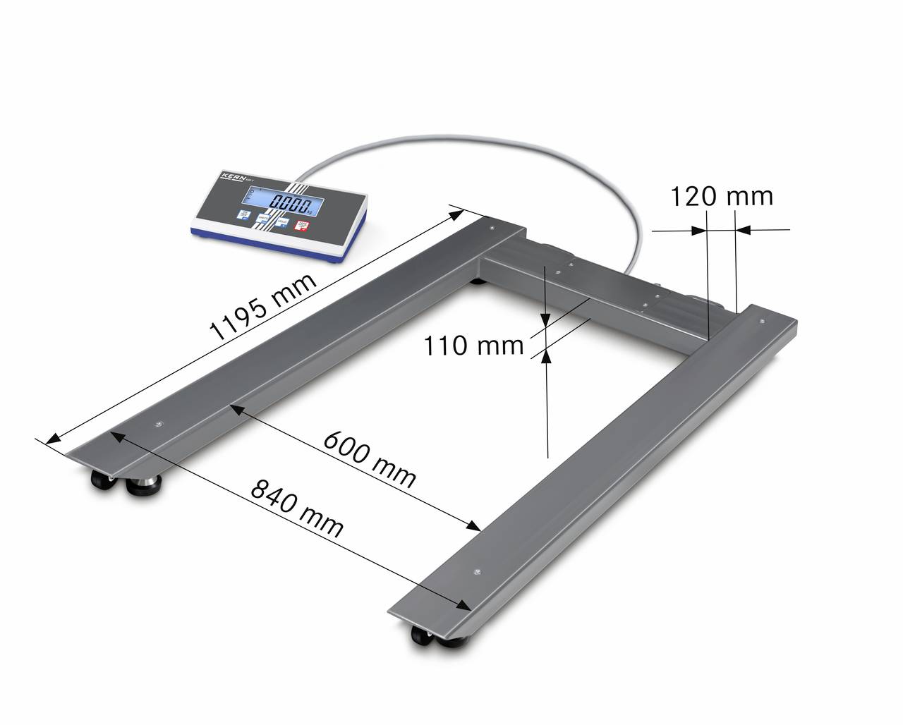Obrázek ukazuje U-tvarovou váhu s rozměry: 1195 mm délka, 840 mm šířka, 120 mm výška. Je připojen digitální displej.