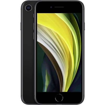 Černý smartphone zepředu a zezadu. Přední strana zobrazuje displej s abstraktními žlutými, zelenými a bílými vzory.