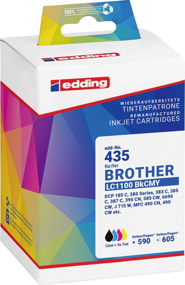 Edding Ink náhradní Brother LC-1100BK, LC-1100C, LC-1100M, LC-1100Y kompatibilní kombinované balení černá, azurová, purppurová, žlutá EDD-435 18-435