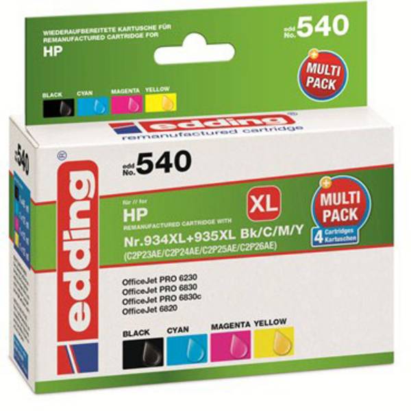 Edding Ink náhradní HP 934XL, 935XL, X4E14AE, C2P23AE, C2P24AE, C2P25AE, C2P26AE kompatibilní kombinované balení černá, azurová, purppurová, žlutá EDD-540 18-540