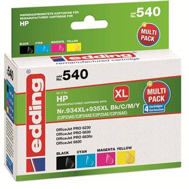 Inkoustová kazeta Edding kompatibilní s HP 934XL/935XL, obsahuje černou, azurovou, purpurovou a žlutou pro tiskárny OfficeJet Pro.