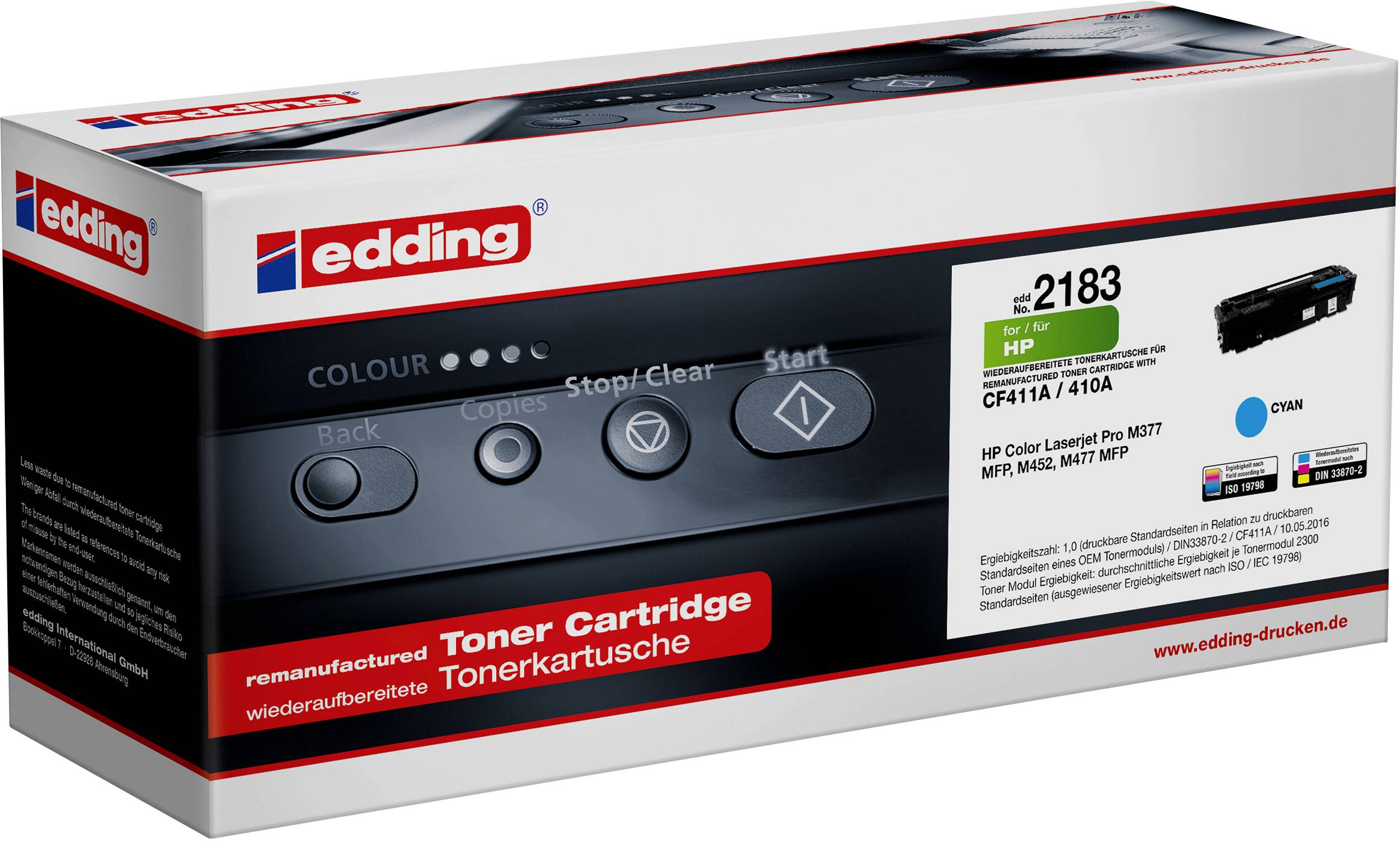 Tonerová kazeta Edding, kompatibilní s HP CF411A/410A. Barva: Azurová. Kompatibilní s modely HP Color LaserJet Pro MFP M477 a dalšími.