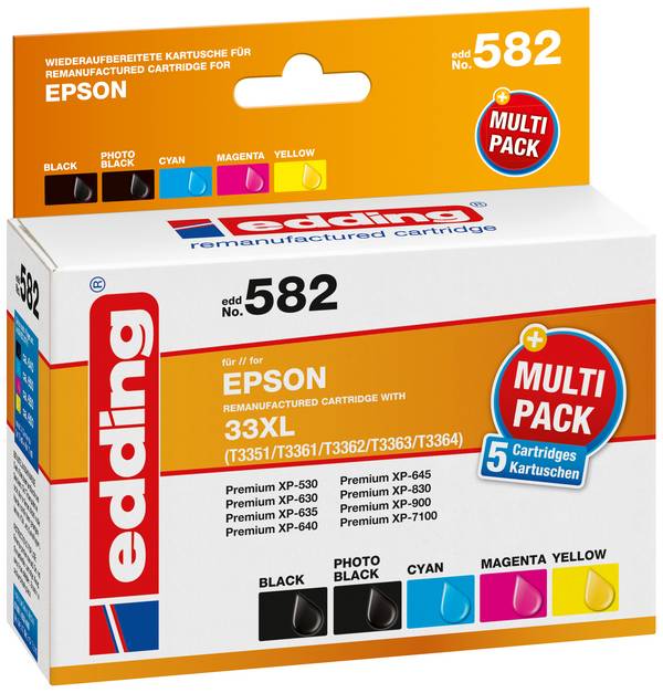 Edding Ink náhradní Epson 33XL, T3357, T3351, T3361, T3362, T3363, T3364 kompatibilní kombinované balení černá, foto černá, azurová, purppurová, žlutá EDD-582 18-582