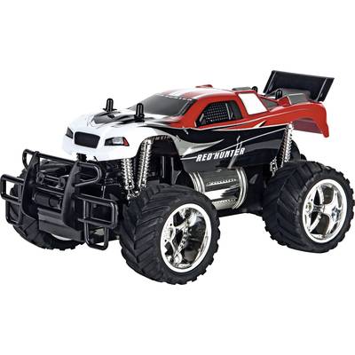 Dálkově ovládané monster truck hračkářské auto s velkými pneumatikami v červeno-černém a bílém designu, označené nápisem 'Red Hunter'.