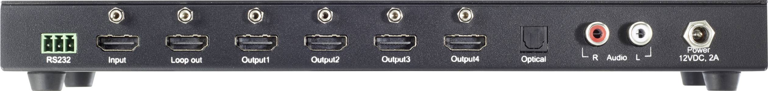 Zadní strana elektronického zařízení s několika HDMI a audio konektory pro vstupy a výstupy, včetně RS232 portu.