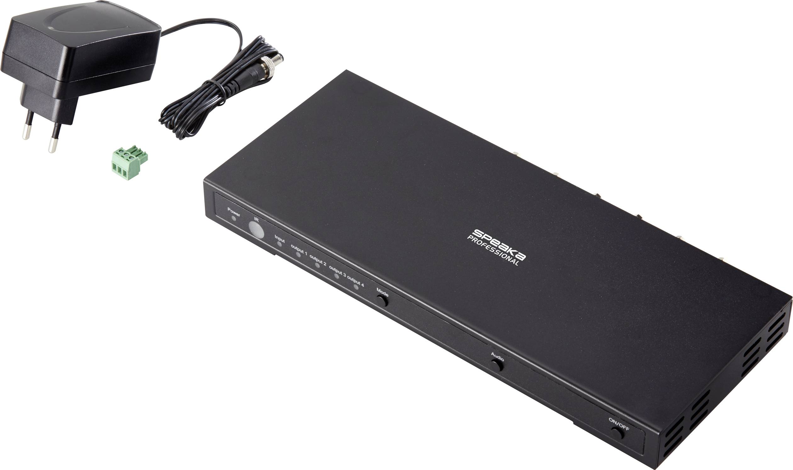 Černý audiopřepínač s napájecím zdrojem a kabelem, vhodný pro použití v audiovém instalačním systému pro distribuci a řízení signálu.