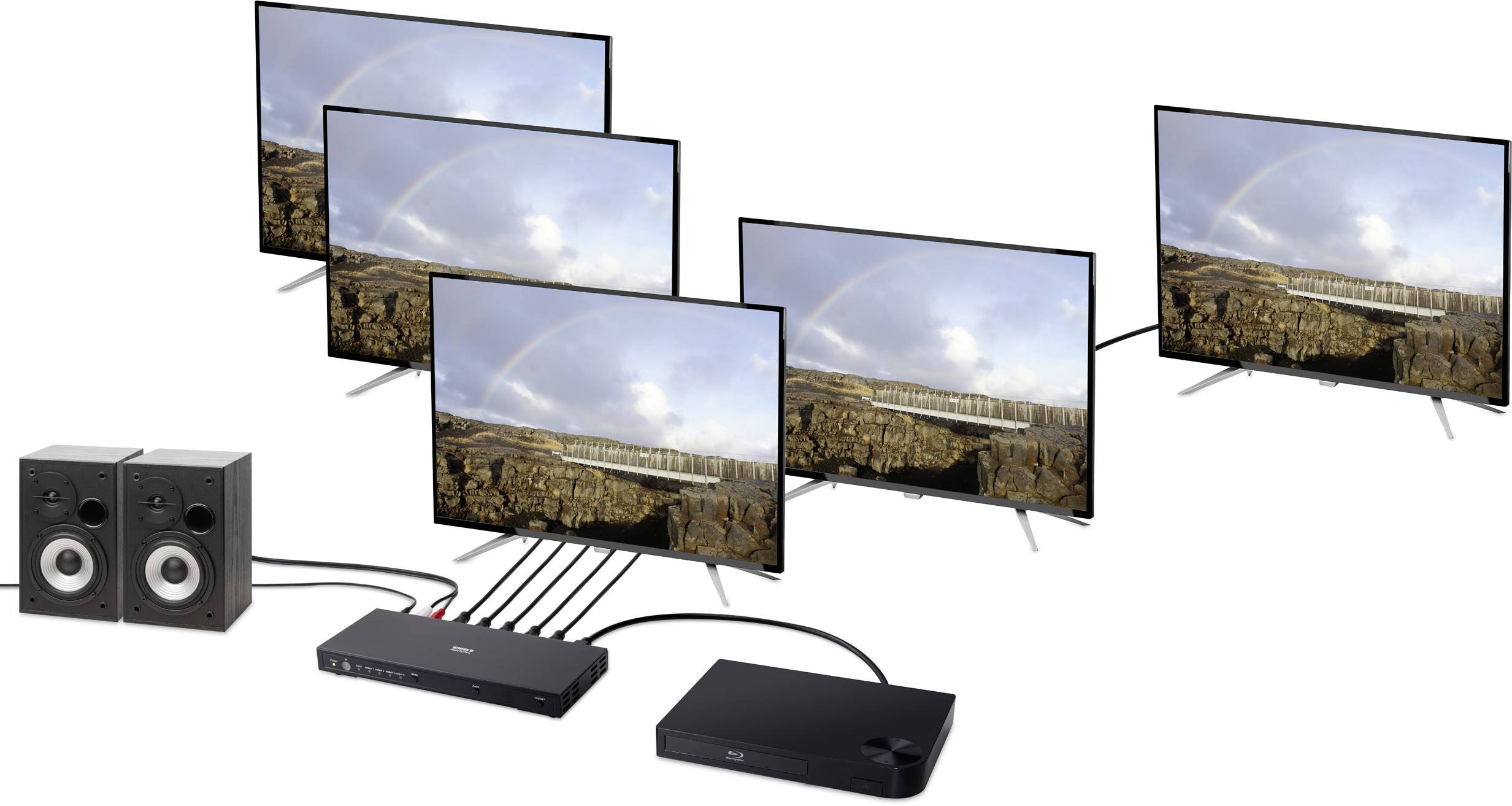 Diagram zobrazuje pět televizorů propojených přes HDMI rozbočovač a DVD přehrávač, s audio signály směřujícími do reproduktorů.