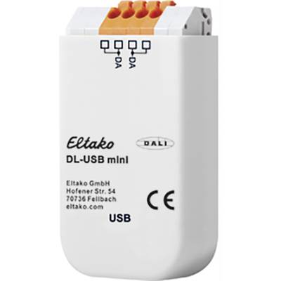 Bílý Eltako DL-USB mini modul, označený certifikační značkou CE, logem DALI a USB konektorem. Má dvě svítící LED indikátory.
