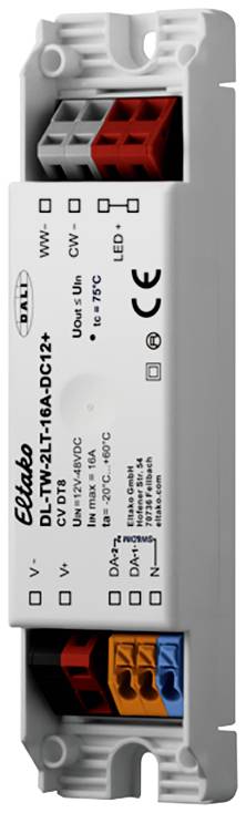 Elektronická řídicí jednotka od společnosti Elabo, model DL-TWZ-LTA6-DC12, s připojovacími svorkami v červené, modré a oranžové barvě, s označením CE.