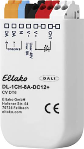 Bílé elektrické zařízení s připojovacími body nahoře. Viditelný je název značky 'Eltako' a model 'DL-1CH-8A-DC12+'.