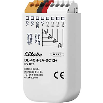 Digitální DALI stmívač se 4 kanály, označený jako 'DL-4CH-8A-DC12+'. Připojovací možnosti jsou barevně kódované.