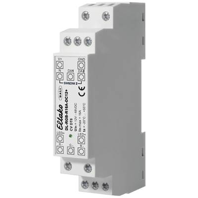 Elektromagnetické relé na DIN liště, zobrazené z mírně šikmého pohledu shora. Na přední straně jsou viditelné technické detaily, jako je napětí a identifikační značení výrobce.