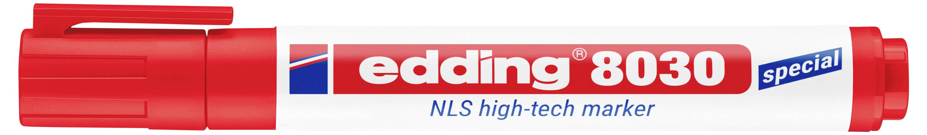 Czerwona značka Red Edding 8030 special NLS high-tech s červeným uzávěrem a hrotem, zobrazená v balení na bílém pozadí.