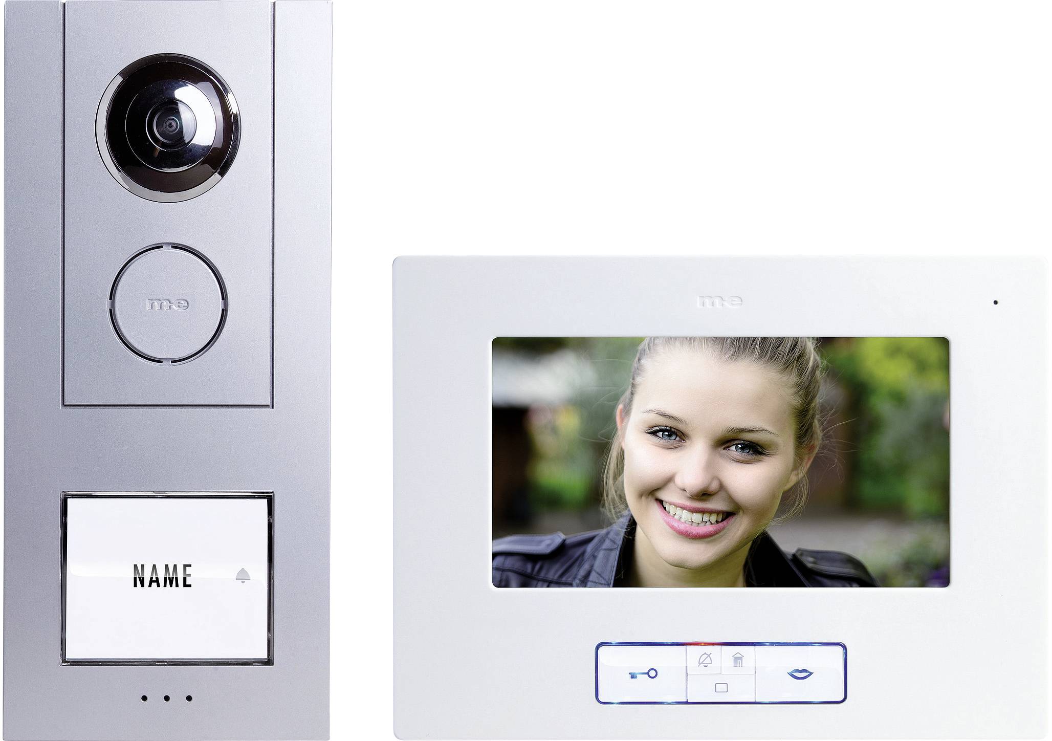 Videotelefon s kamerou vlevo a obrazovkou vpravo. Na obrazovce je vidět obraz usmívající se osoby.