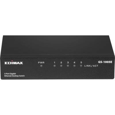 Černý 5-portový gigabitový ethernetový switch od Edimax, model GS-1005E, s LED indikátory napájení a aktivity připojení.