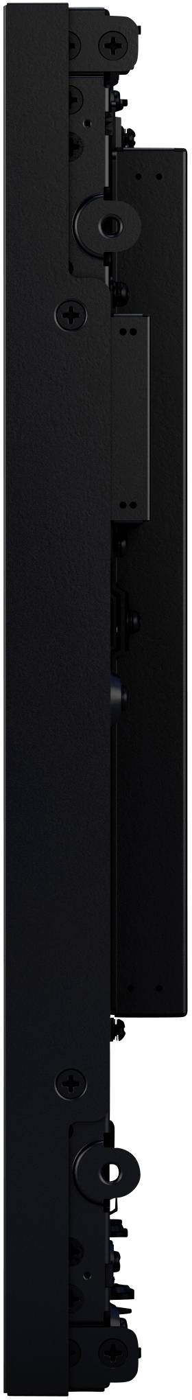 Úzká černá vertikální kovová struktura s kruhovými prvky a místy spojení, pohled z boku.