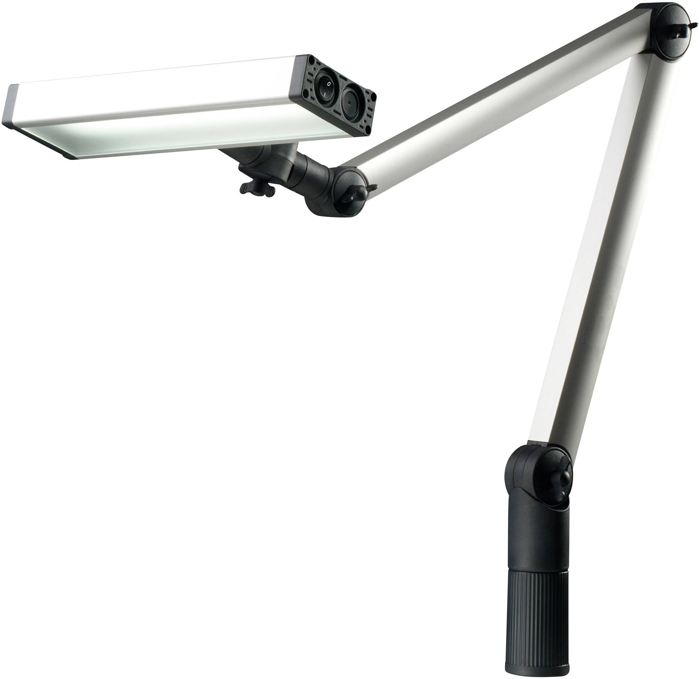 Stolní lampa s obdélníkovým osvětlovacím tělem a flexibilním ramenem, moderní v černé a stříbrné barvě. Ideální pro cíleně zaměřené osvětlení na pracovišti.