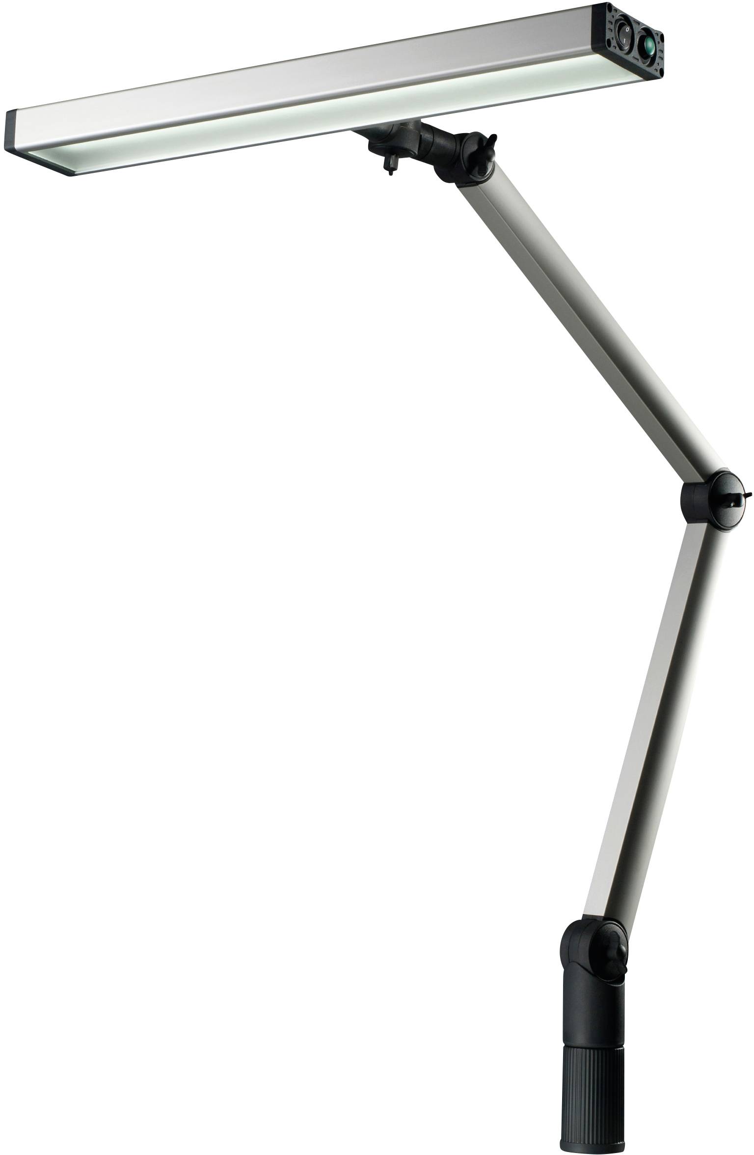 Šedá moderní stolní lampa s nastavitelným ramenem a obdélníkovým světelným tělem. Je štíhlá a navržená v minimalistickém stylu.