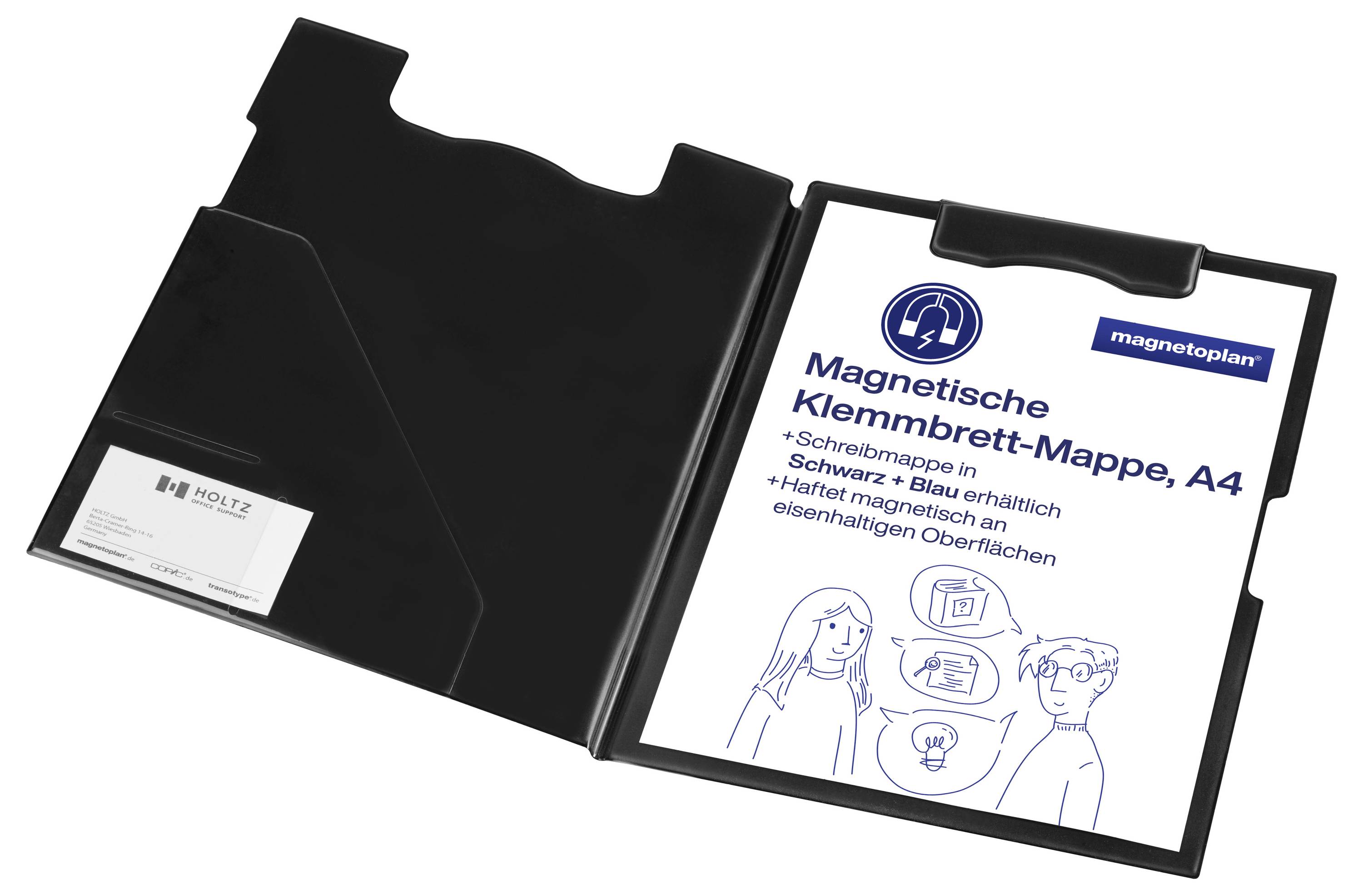 Otevřená černá magnetická schránka na dokumenty formátu A4 s visačkou 'Magnetická svorková deska, A4', která obsahuje ilustrované ikony a text.