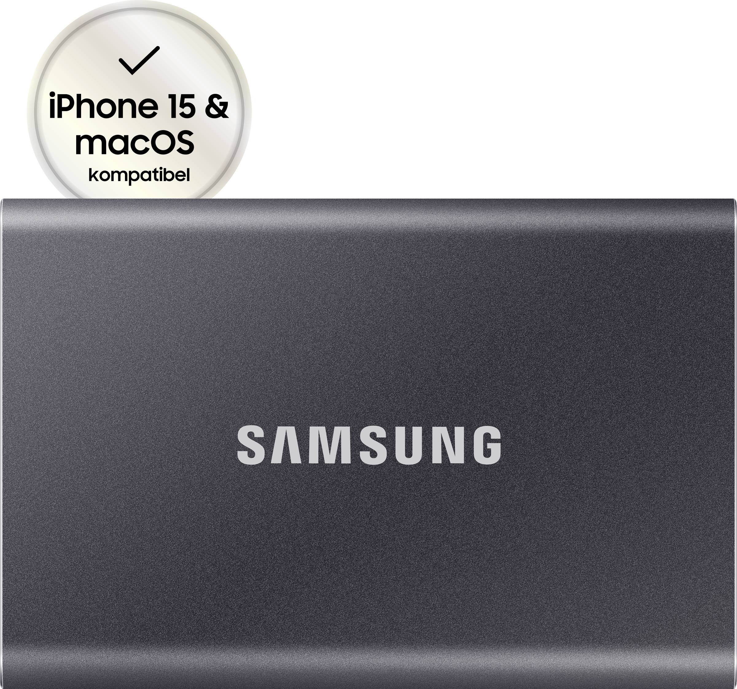 Externí Samsung disk v černém pouzdře. Vlevo nahoře symbol s textem 'Kompatibilní s iPhone 15 a macOS'.
