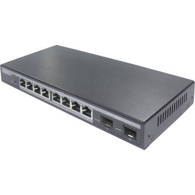 Síťový switch s osmi ethernetovými porty a dvěma optickými přípojkami, vhodný pro propojení a správu několika zařízení.