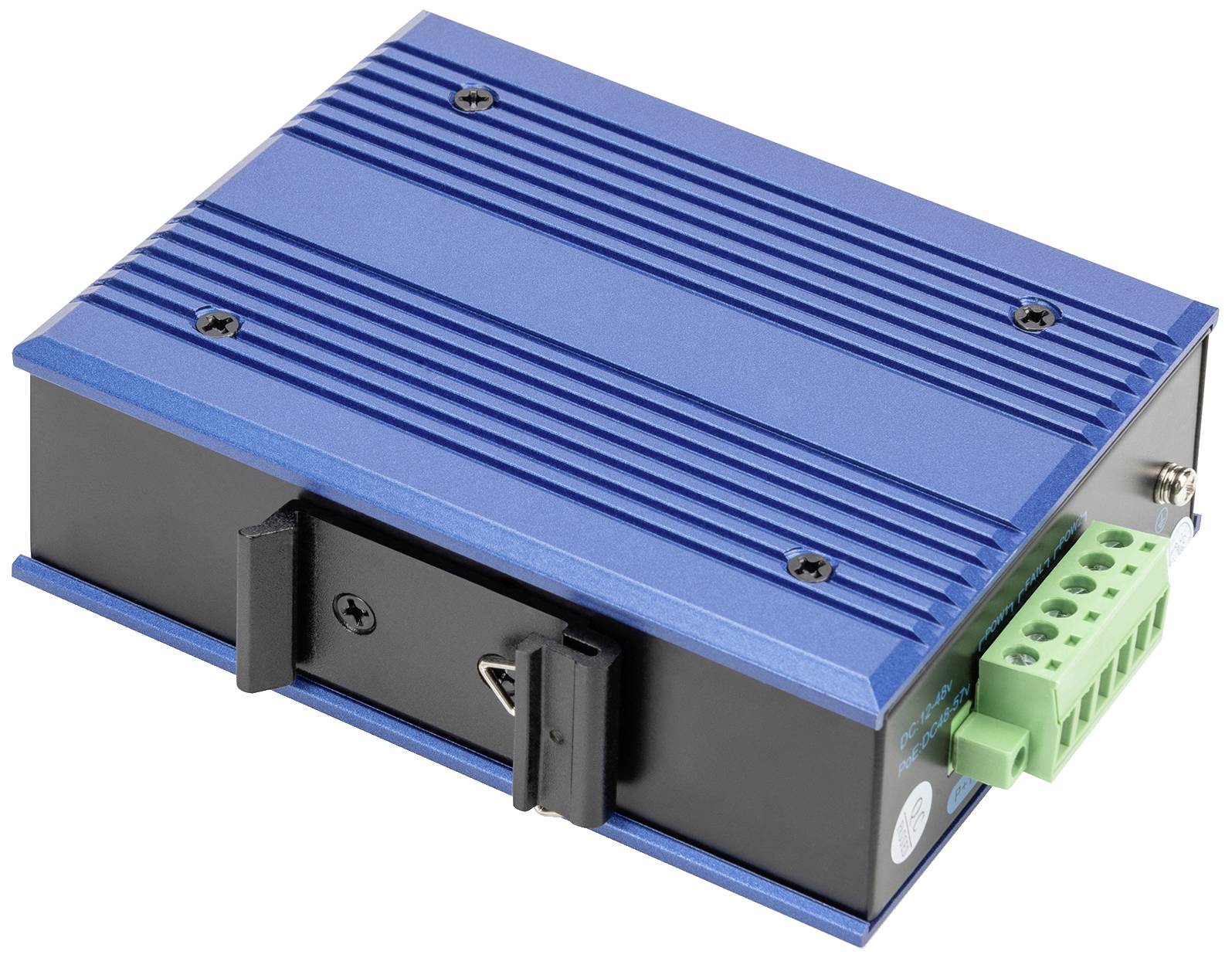 Obdélníkové modré elektronické zařízení s větracími drážkami, černou základnou a zeleným připojovacím blokem na pravé straně.