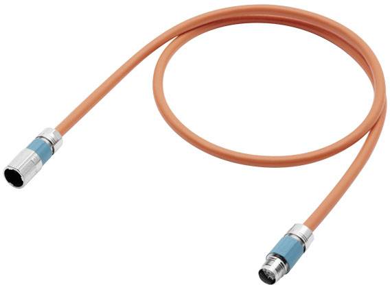 Oranžový kabel se stříbrnou koncovkou na obou stranách, který se používá pro elektronické připojení.