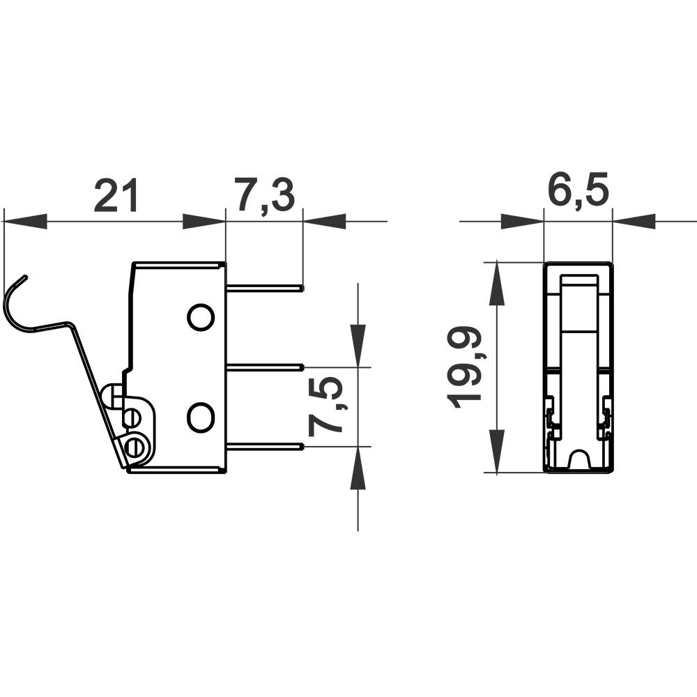Technický výkres elektrického konektoru o rozměrech 21x7,3 mm, 19,9x6,5 mm a výšce 7,5 mm.