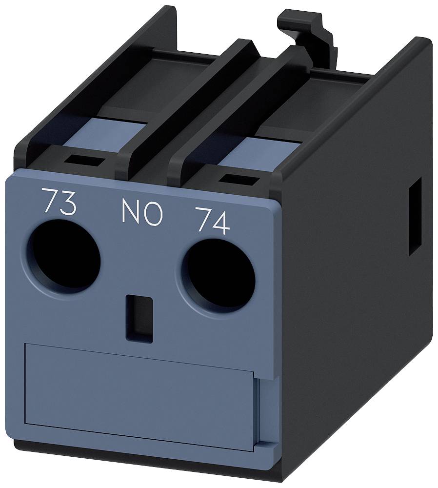 Obdélníkový elektrický svorkovnicový blok v modré a černé barvě s označeními '73', 'NO' a '74'.