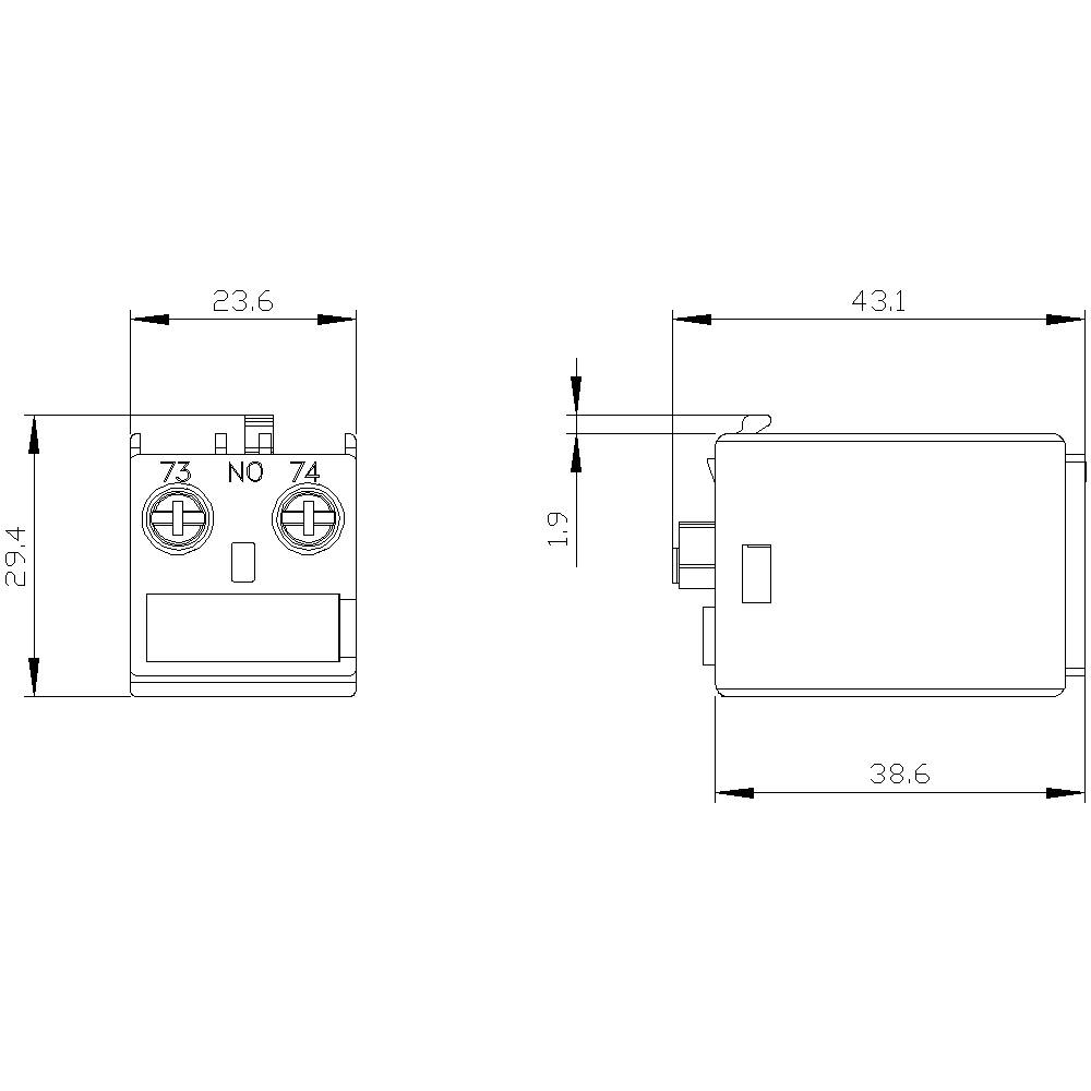 Výkres zobrazuje technické rozměry elektrického spínače: šířka 23,6 mm, výška 29,4 mm, hloubka 43,1 mm. Připojení na svorkách 73/NO/74.