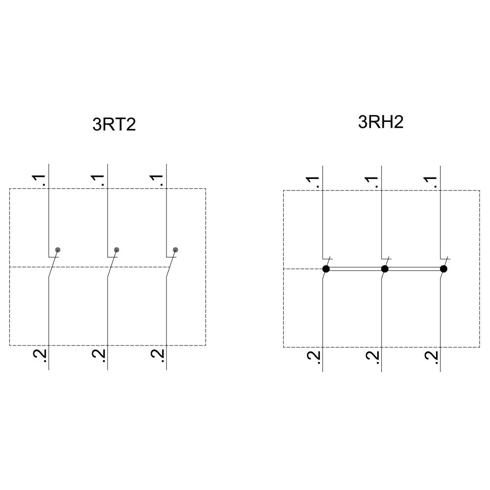 Schéma zapojení se dvěma diagramy. Vlevo: 3RT2 se třemi vertikálními linkami. Vpravo: 3RH2 s rovnoběžnými horizontálními čárami.