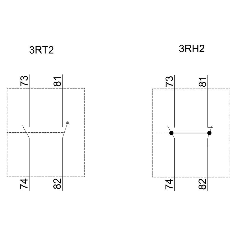 Schéma elektrického zapojení se dvěma symboly: '3RT2' je jednoduchý spínač; '3RH2' znázorňuje spínač s připojením. Čísla 73, 74, 81, 82 jsou vyznačena.